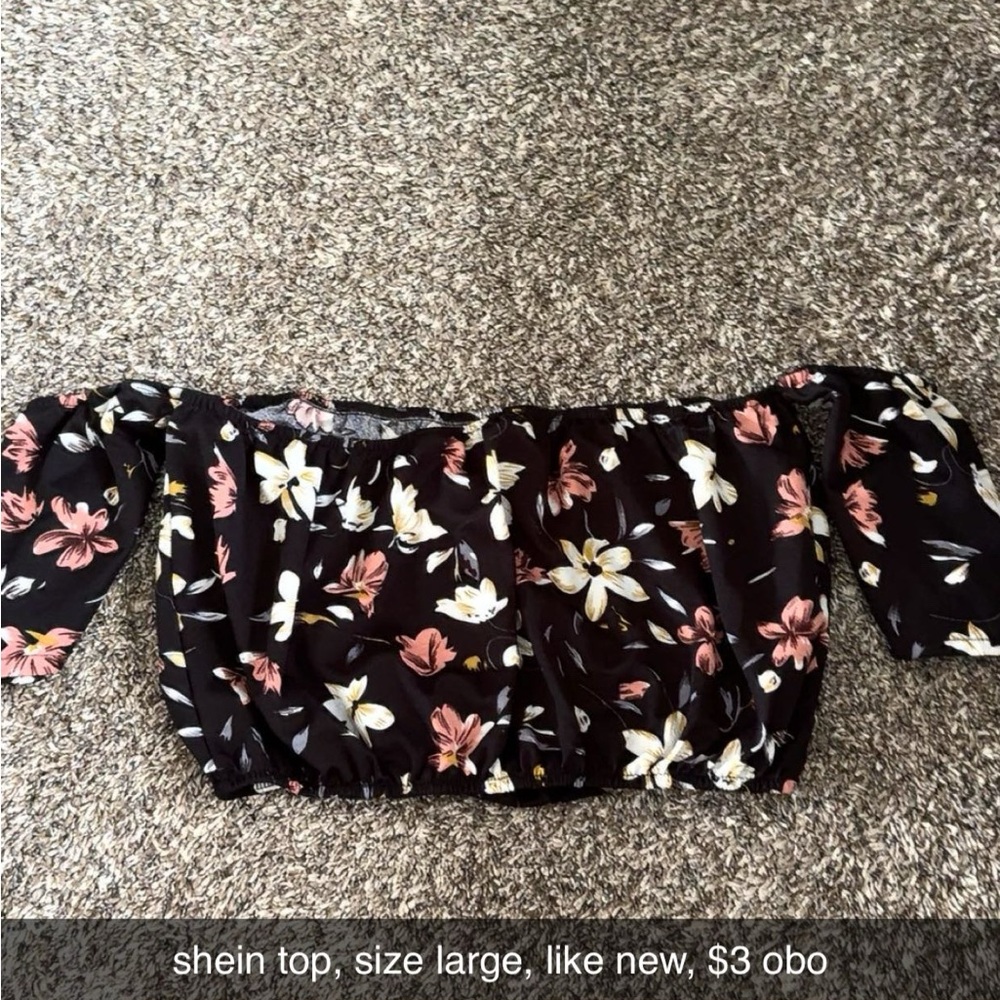SHEIN Floral Off-Shoulder Blouse - Black and Pink